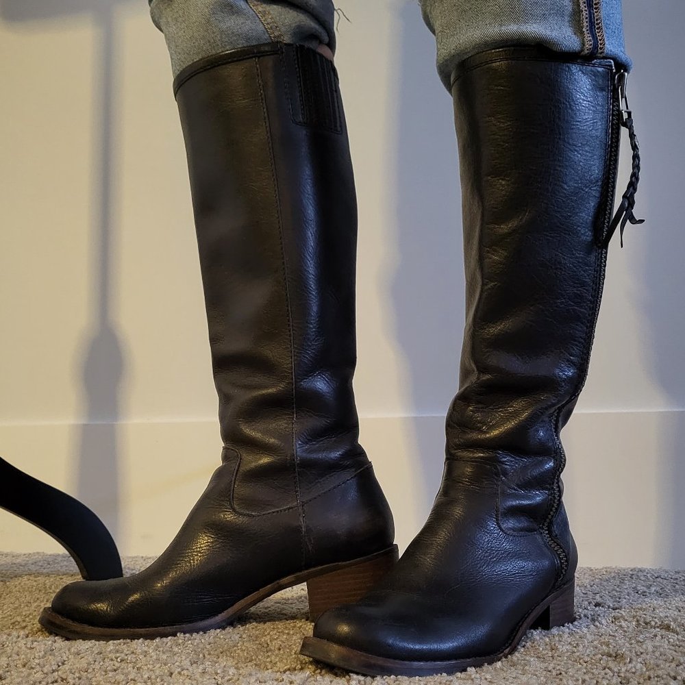 Stacked heel high black boots